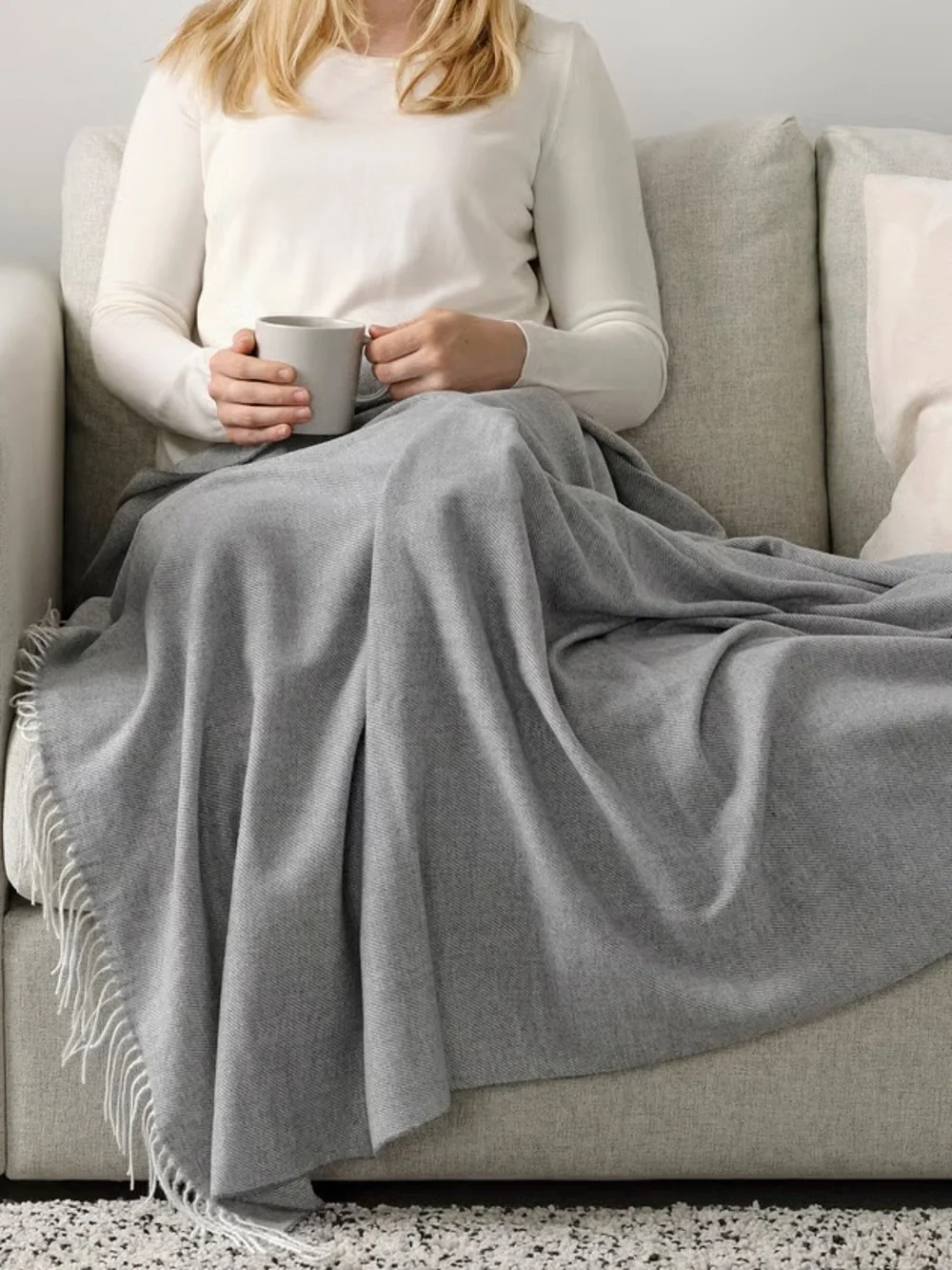 Set of Reversible Fringe Throws - Beige and Light Gray